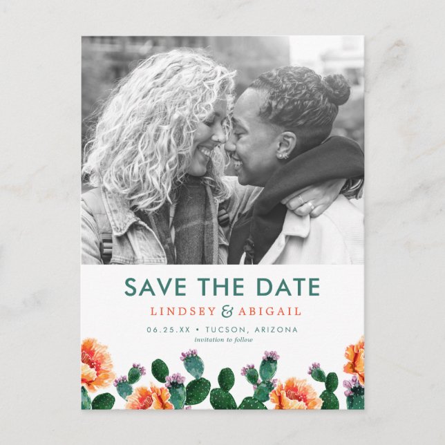 Kaktus und Blume Save the Date Postkarte (Vorderseite)