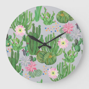 Kaktus und Blumen, nahtlose Wasserfarbenmalerei. Große Wanduhr