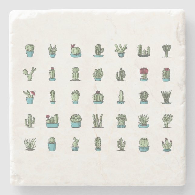 Kaktus-und Succulents-Illustrations-Marmor-Stein Steinuntersetzer (Vorderseite)