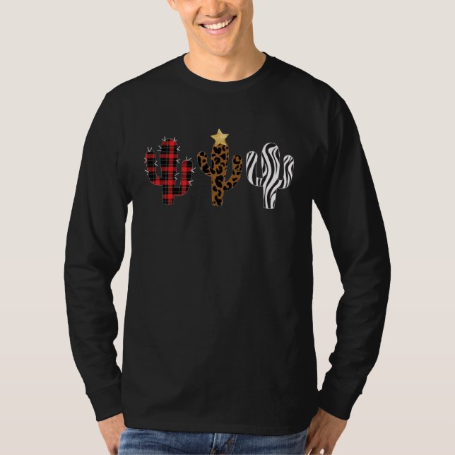 Kaktus-Weihnachtsbaum Leopard-Karodesigns T-Shirt (Vorderseite)