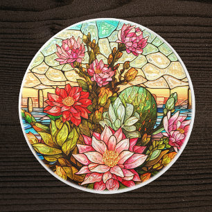 Kaktus-Wüsten-Rosa-Blumen-Falsches-Buntglas Keramikknauf