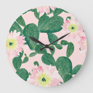 Kaktusblüten: Aquarellmalerei Große Wanduhr