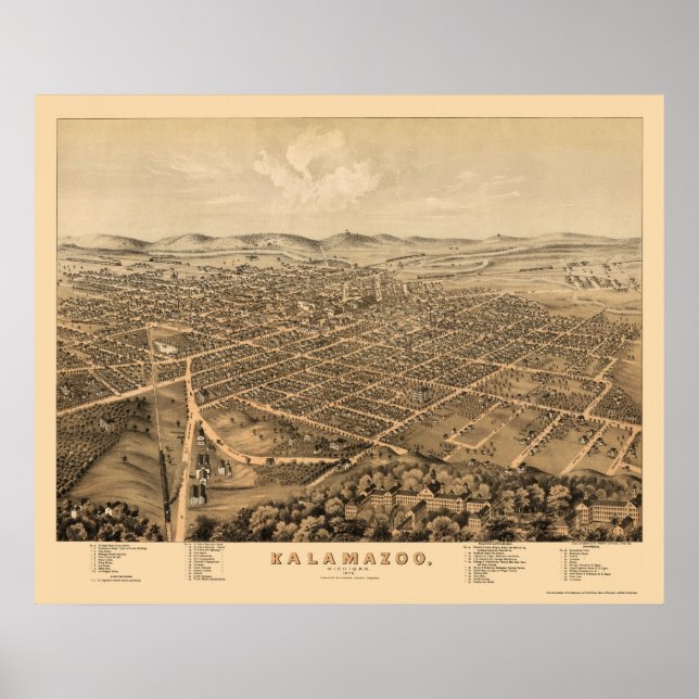 Kalamazoo, MI Panoramic Map - 1874 Poster (Vorne)