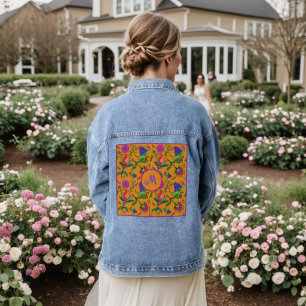 Kalamkari farbenfrohe Blume Gelb Hintergrund Grün Jeansjacke