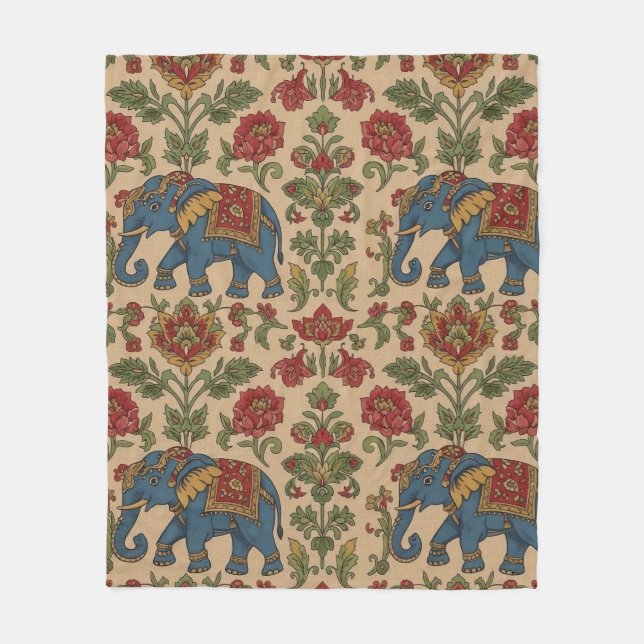 Kalamkari Floral Elephant – Traditional Indian Fol Fleecedecke (Vorderseite)