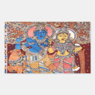KALAMKARI RADHA KRISHNA MALEREI RECHTECKIGER AUFKLEBER