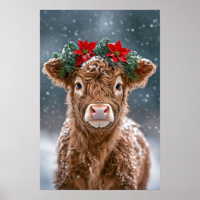 Kalb im Schnee mit Weihnachtssternkranz Poster (Vorne)