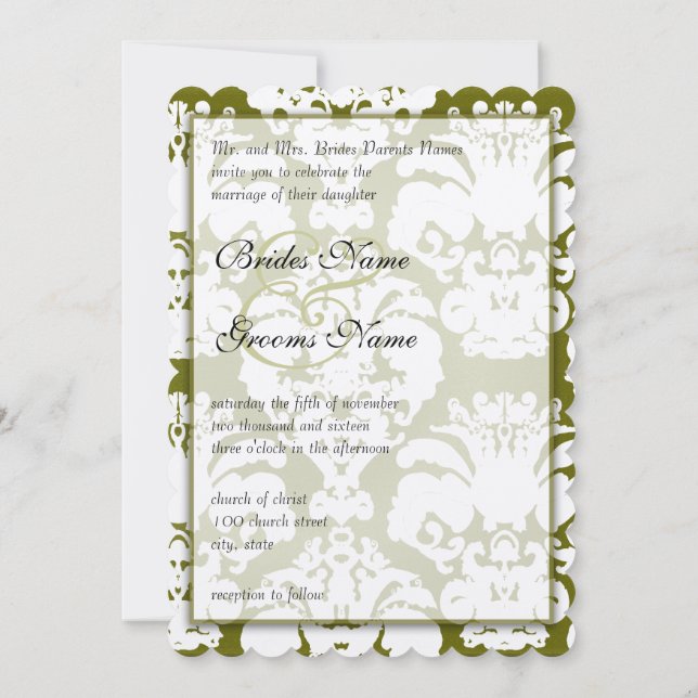 Kale Green Damask Vintage Wedding Einladungen (Rückseite)