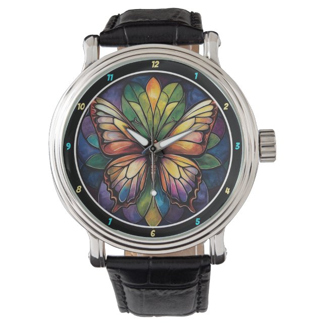 Kaleidoscope Garden" - Stained Glass Butterfly Armbanduhr (Vorderseite)