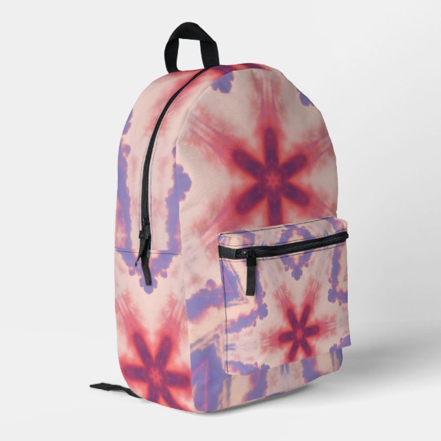 Kaleidoskop aus rosa und Lila Himmel Bedruckter Rucksack (Rückseitige Ecke links)