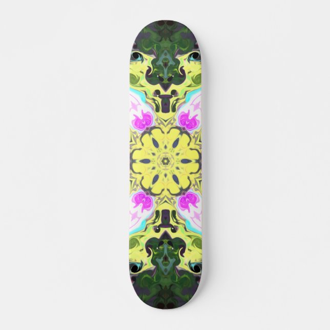 Kaleidoskop-Blume Gelb und Rosa Skateboard (Vorne)