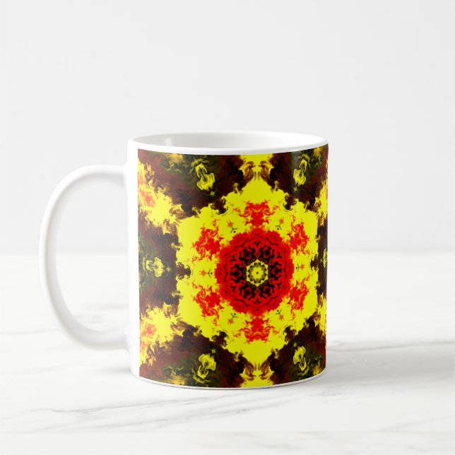 Kaleidoskop-Blume Gelb und Rot Kaffeetasse (Links)