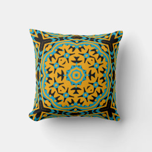 Kaleidoskop-Design, Light Blue, Gold, Black Kissen