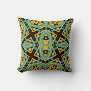 Kaleidoskop-Design, Light Blue, Gold, Black Kissen
