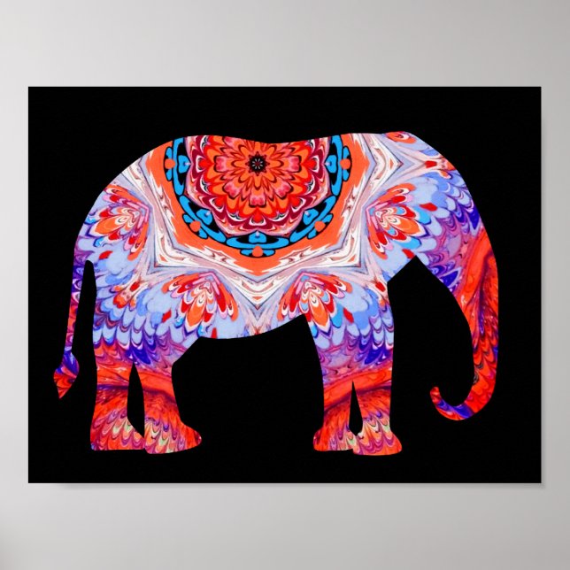 Kaleidoskop Elephant Poster in Blau und Orange (Vorne)