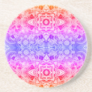 Kaleidoskop-Mandala in Blau, Gelb und Pink Getränkeuntersetzer