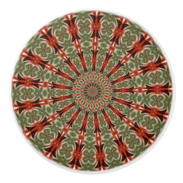 Kaleidoskop Mandala Keramik Knopf in Rot und Grün Keramikknauf (Vorderseite)