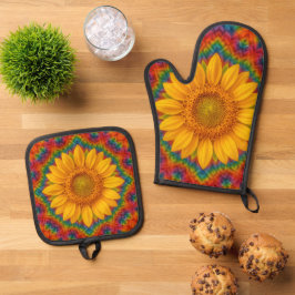 Kaleidoskop-Sonnenblume Ofenhandschuh & Topflappen-Set
