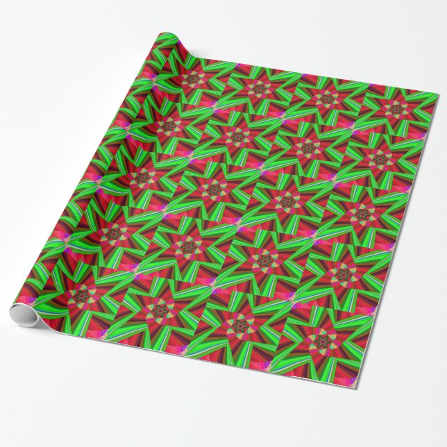 Kaleidoskop Star Art Red Green Geschenkpapier (Ungerollt)