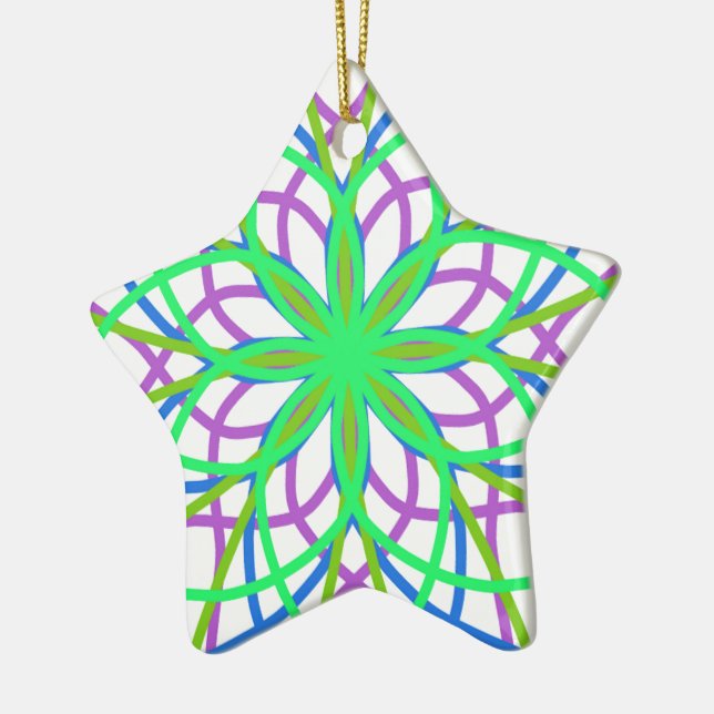 Kaleidoskop-Star, Lila Kunst in Weiß Grün, Blau Keramikornament (Links)