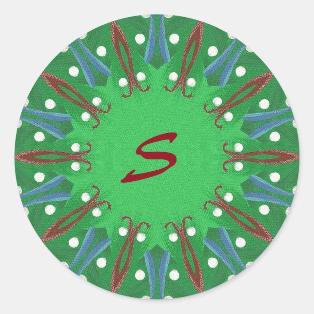 Kaleidoskop Tree Monogram Weihnachtskleber Runder Aufkleber (Vorderseite)