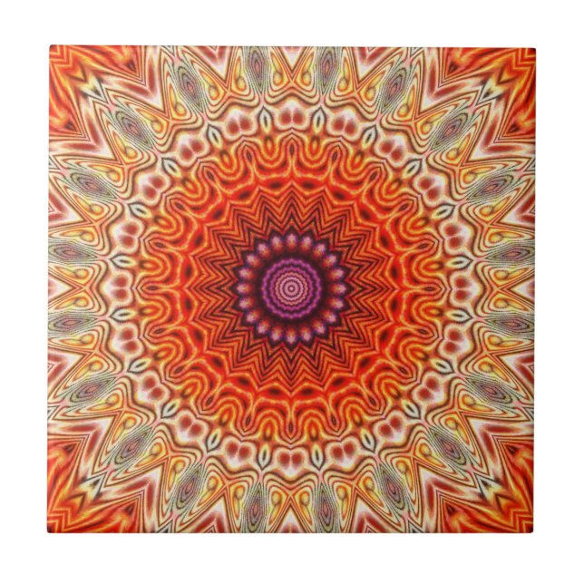 Kaleidoskopische Blumen-orange und weißer Entwurf Fliese (Vorderseite)