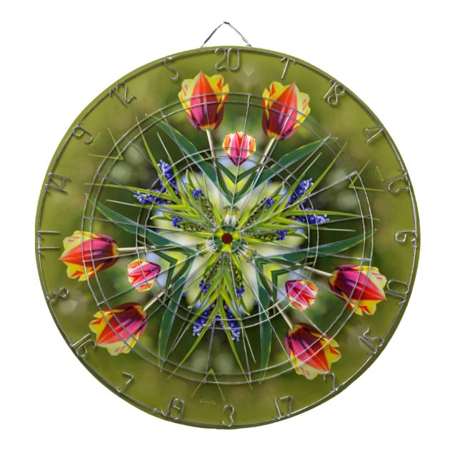 Kaleidoskopische Lila und goldfarbene Tulips Dartscheibe (vorne)