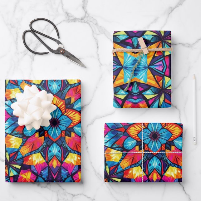 Kaleidoskopisches Faltpapier - Farbige Muster Geschenkpapier Set (Vorderseite)