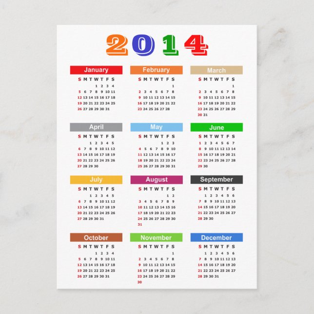 Kalender 2014 - Standard-Thema mit mehreren Farben Postkarte (Vorderseite)
