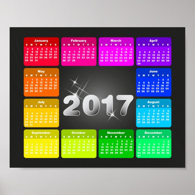 Kalender 2017 in kräftigen Regenbogenfarben Poster (Vorne)