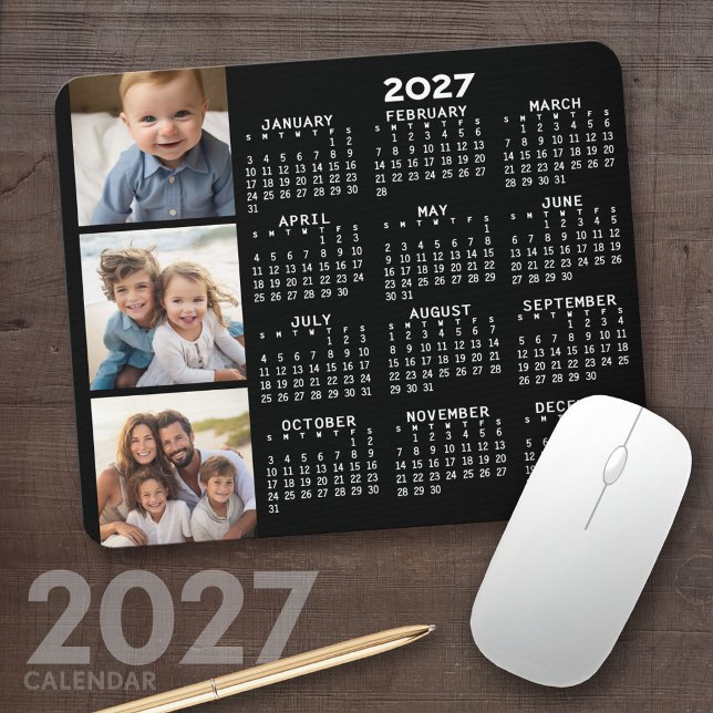 Kalender 2024 mit 3 FotoCollage - schwarz Mousepad (2027 Calendar Mousepad)