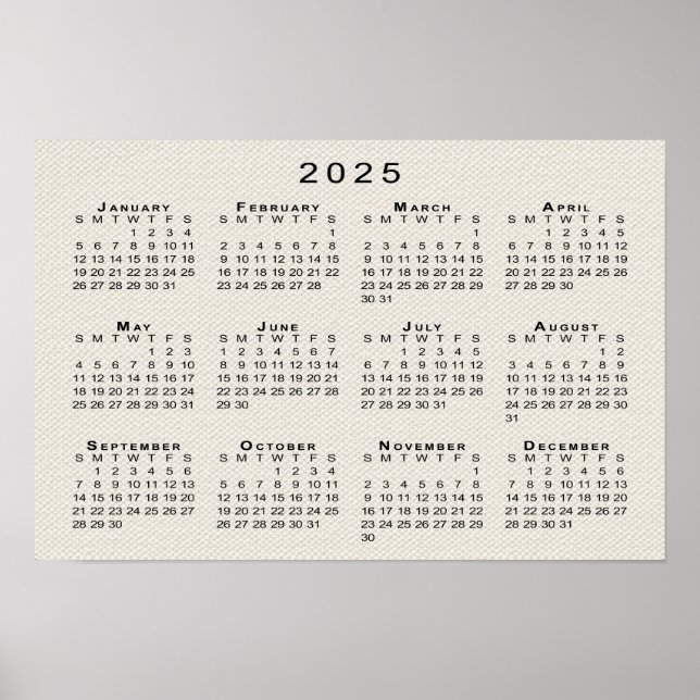 Kalender 2025 für Imitats Leinwand Textur Vorlage Poster (Vorne)