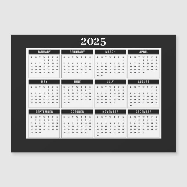 Kalender 2025 Moderne Schwarz-weiße Magnetkarte (Vorderseite)