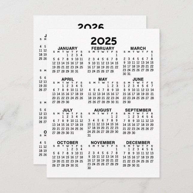 Kalender 2025 und 2026 Jahresansicht - Basic Minim Postkarte (Vorne/Hinten)