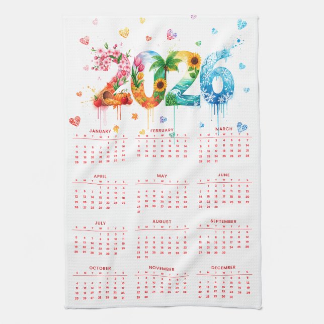 Kalender 2026 mit vier Jahreszeiten Geschirrtuch (Vertikal)