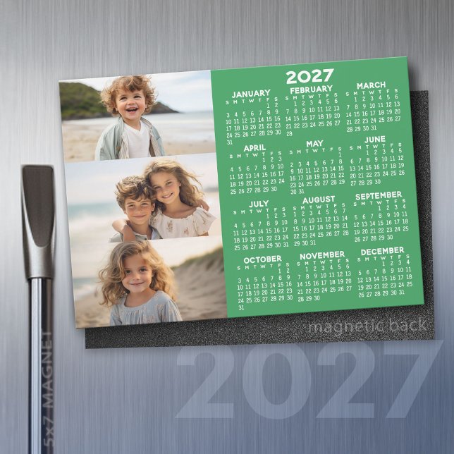 Kalender - 3 Fotos - Grundlegende grüne Magnet (2027 Calendar - Refrigerator Magnet)