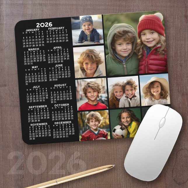 Kalender - 9 Foto-Collage - schwarz Mousepad (2026 Calendar with your logo or photos - Great Business Gift or Home Office Decor)