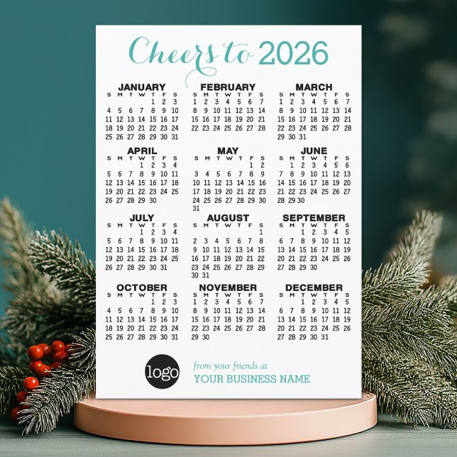 Kalender - Aquamarines White Business-Logo Feiertagskarte (2026 Calendar on a Holiday Business Card)