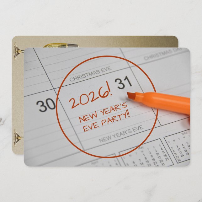 Kalender & Champagner Silvesterabend Party Einladung (Vorne/Hinten)