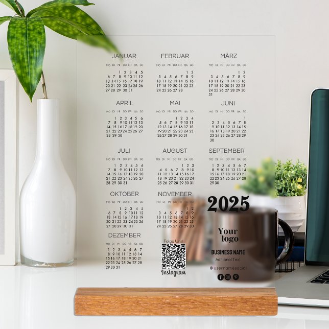 Kalender Deutsch 2025 Kalender Qr Code Acrylschild (Kalender Deutsch 2025 Full Year Calendar Qr Code Acrylic Sign)