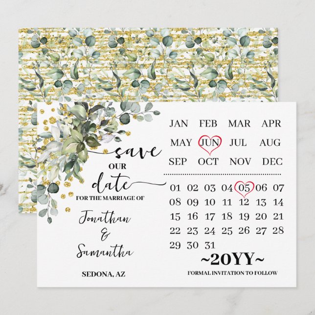 Kalender Eukalyptus Gold Rette unser Hochzeitsterm Save The Date (Vorne/Hinten)