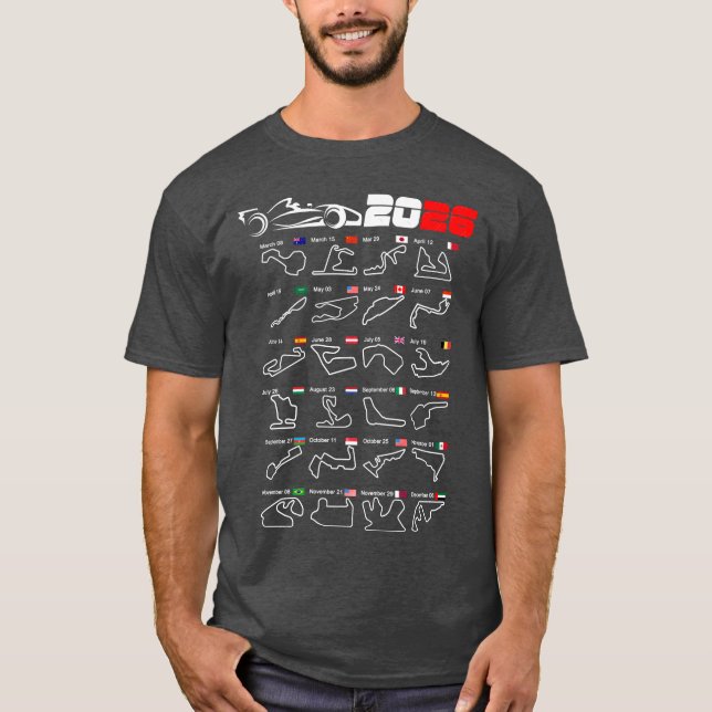 Kalender Formel Rennwagen 2026 Rennbahnen v2 T-Shirt (Vorderseite)