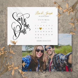 Kalender Gold Herz Foto Schriftzug Save the Date Ankündigungspostkarte