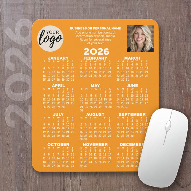 Kalender - Logo, Foto, Geschäftskontakte - orange Mousepad (2026 Calendar on a mousepad - add your logo and photo plus business information)