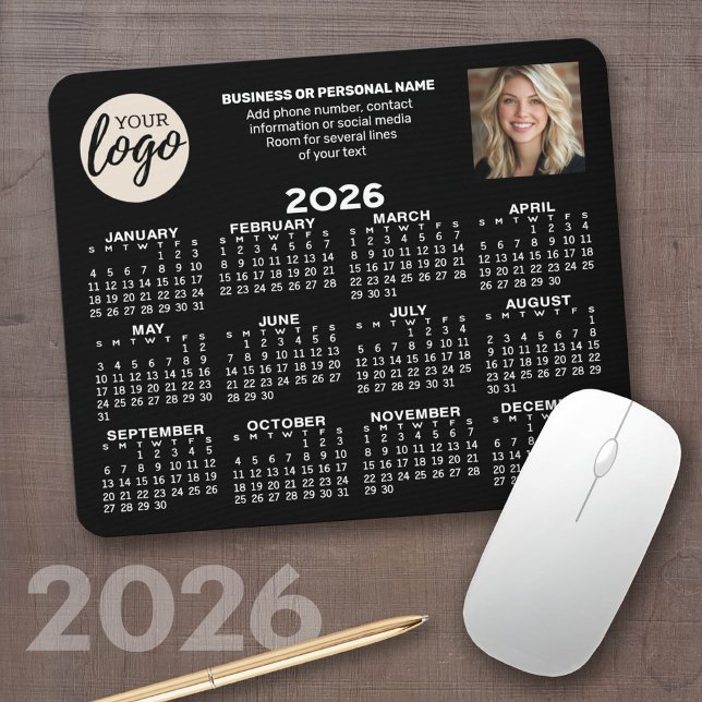 Kalender - Logo, Foto, Geschäftskontakte - schwarz Mousepad (2026 Calendar on a computer mousepad)