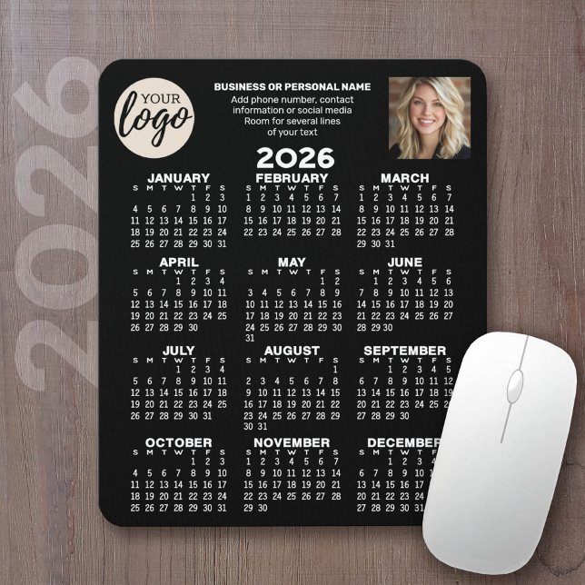 Kalender - Logo, Foto, Geschäftskontakte - schwarz Mousepad (2026 Calendar on a mousepad - add your logo and photo plus business information)