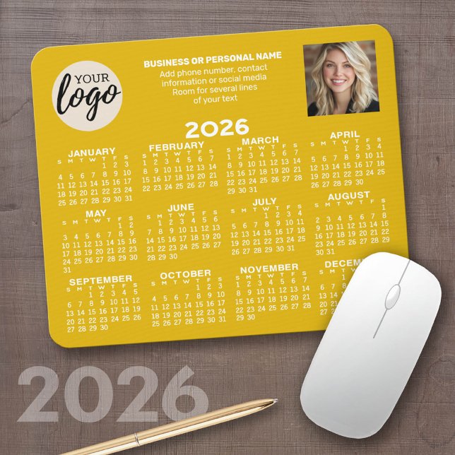 Kalender - Logo, Foto, Geschäftskontakte Senf Mousepad (2026 Calendar on a computer mousepad)