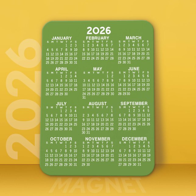 Kalender - Minimal Grün und Weiß Modern Magnet (2026 Calendar Magnet)