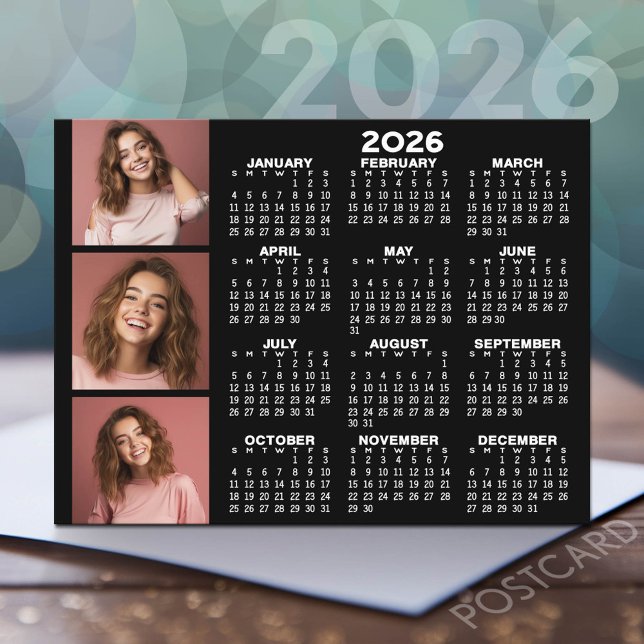 Kalender mit 3 Foto Collage - schwarz Postkarte (2026 Calendar Postcard)