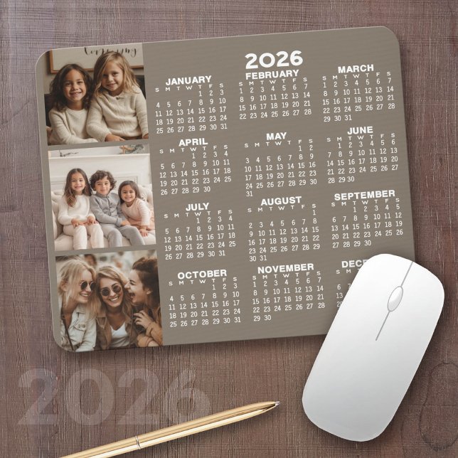 Kalender mit 3 Fotocollage - taupe Mousepad (2026 Calendar with your logo or photos - Great Business Gift or Home Office Decor)